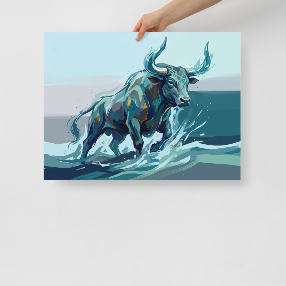A lively / vibrant scene in teal and dark cyan, 'The River Bull'. A stylized painting of a muscular bull charging through water in shades of teal and orange, perfect for an energetic Office.
