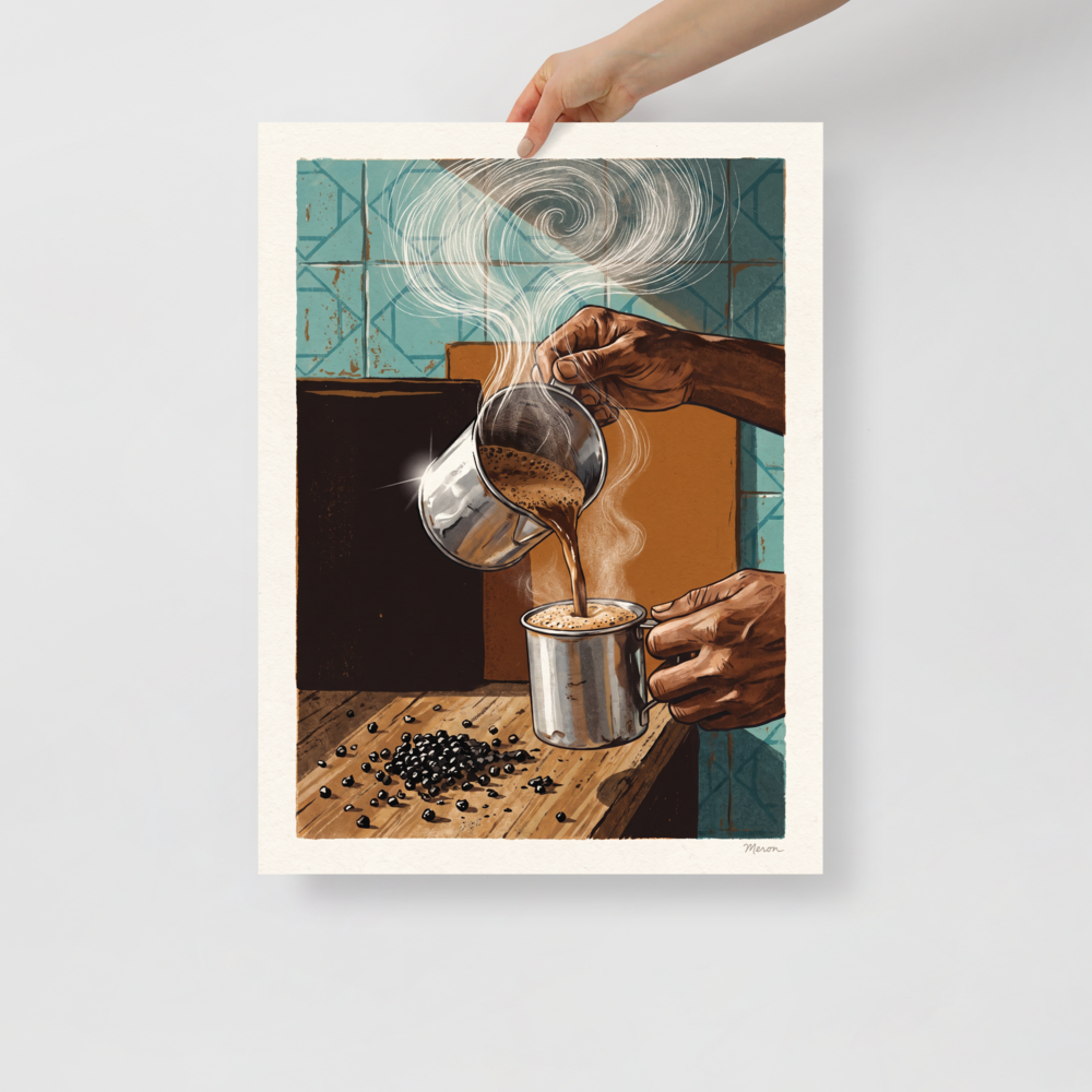 'The Artisan's Brew', Realism wall art in cadet blue and saddle brown. Hands pouring hot frothy coffee from a metal pitcher into a cup with swirling steam, ideal for a kitchen.