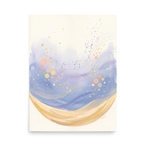 A dreamy scene in lavender and gold, 'Crescent Lullaby'. A dreamy watercolor painting of a golden crescent moon holding lavender waves and musical notes, perfect for a cozy nursery.