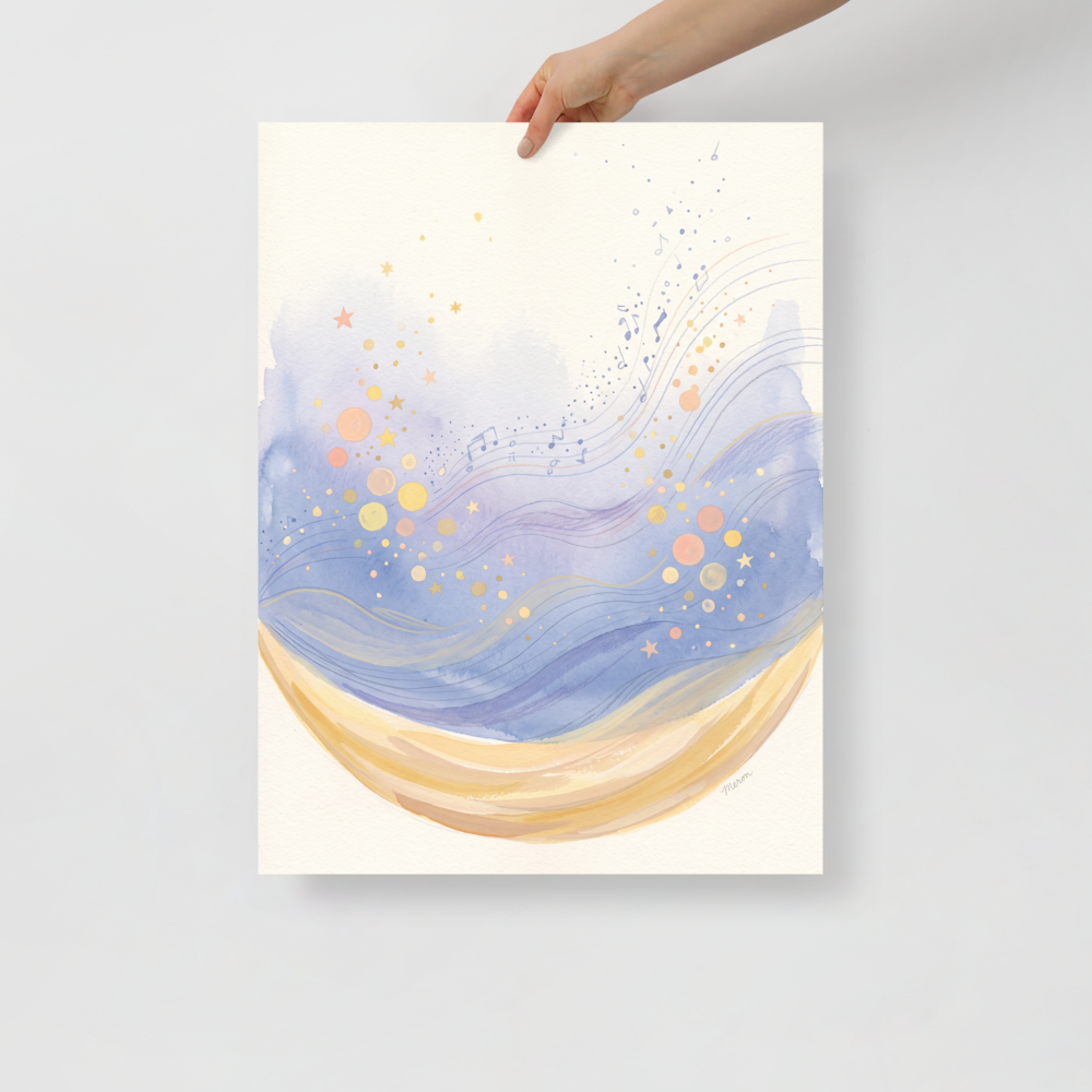 A dreamy watercolor painting of a golden crescent moon holding lavender waves and musical notes, perfect for a cozy nursery. Available as the Lyrical abstraction art print 'Crescent Lullaby'.
