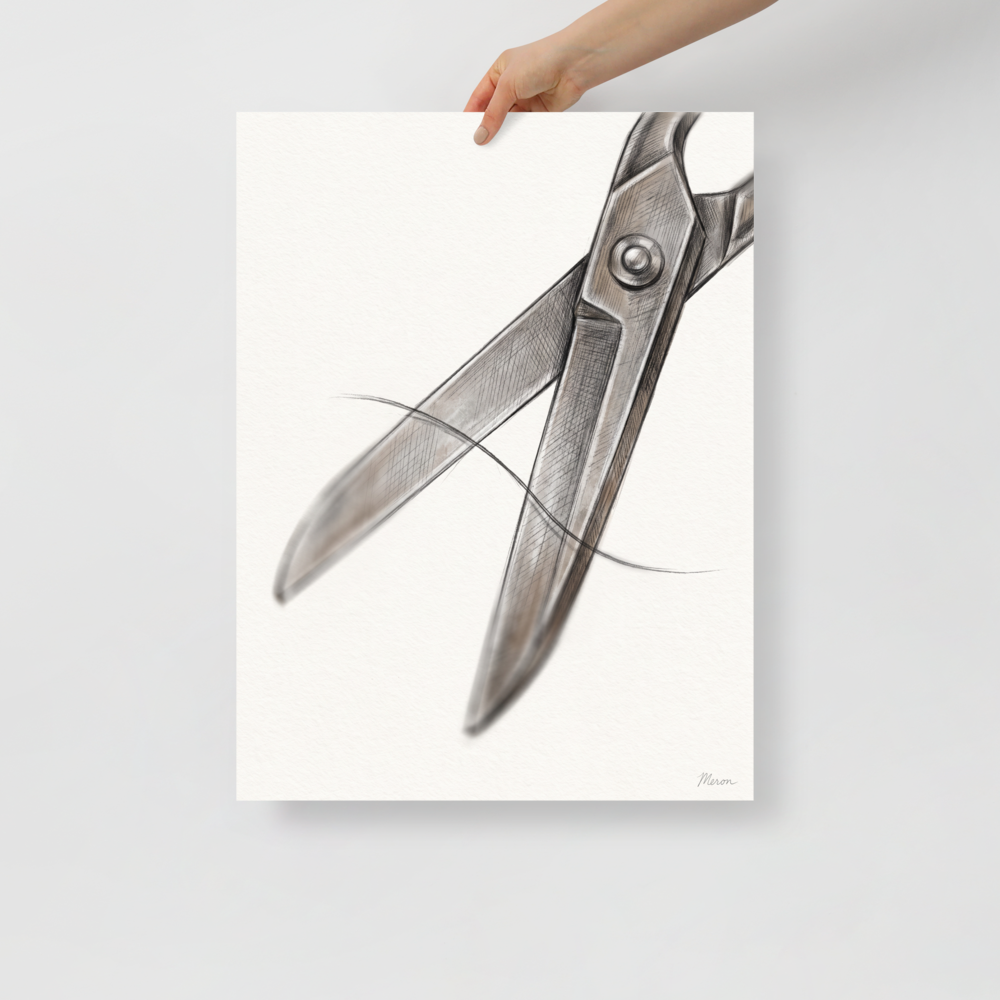 A detailed graphite sketch of vintage steel tailor scissors snipping a thread on cream paper in a fashion studio. Available as the Realism art print 'The Precision Cut'.