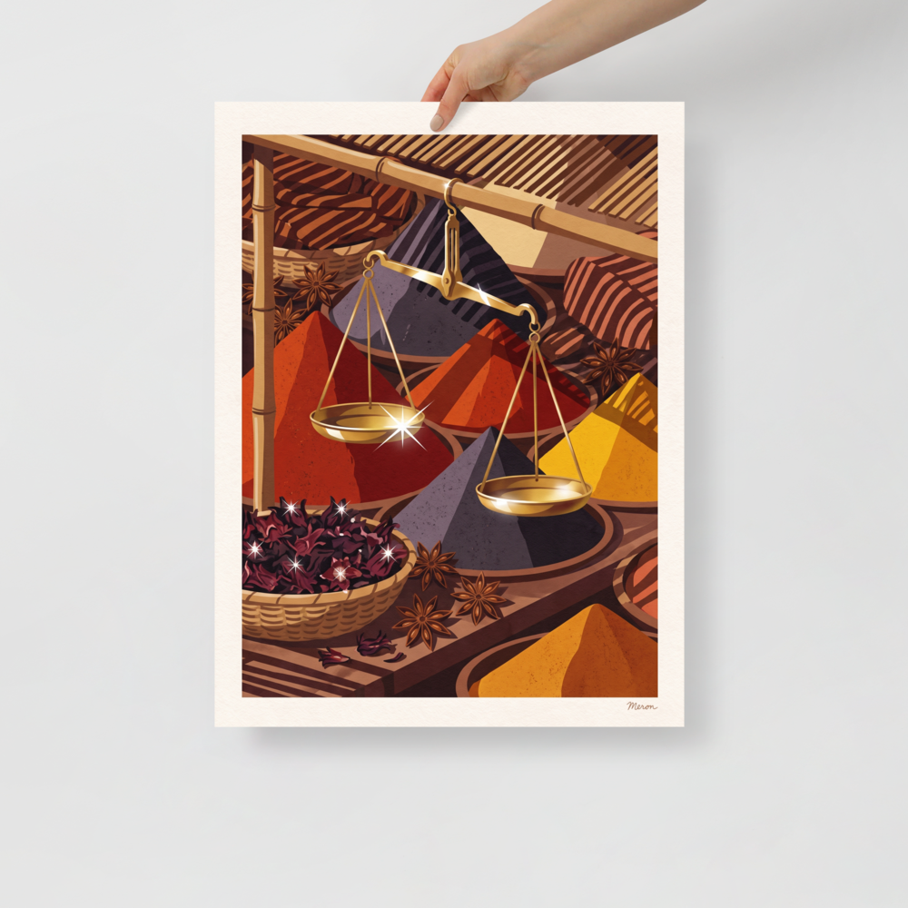 'Spice Merchant's Balance'. Stylized spice bazaar illustration with conical heaps of colorful spices and a brass balance scale, perfect for a kitchen. Offered as a Art Deco print.