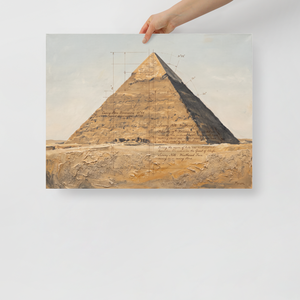 An architectural field study of the Great Pyramid of Giza with survey lines and sand texture in an office wall art print. A Realism art print titled 'Pyramid Survey Study'.