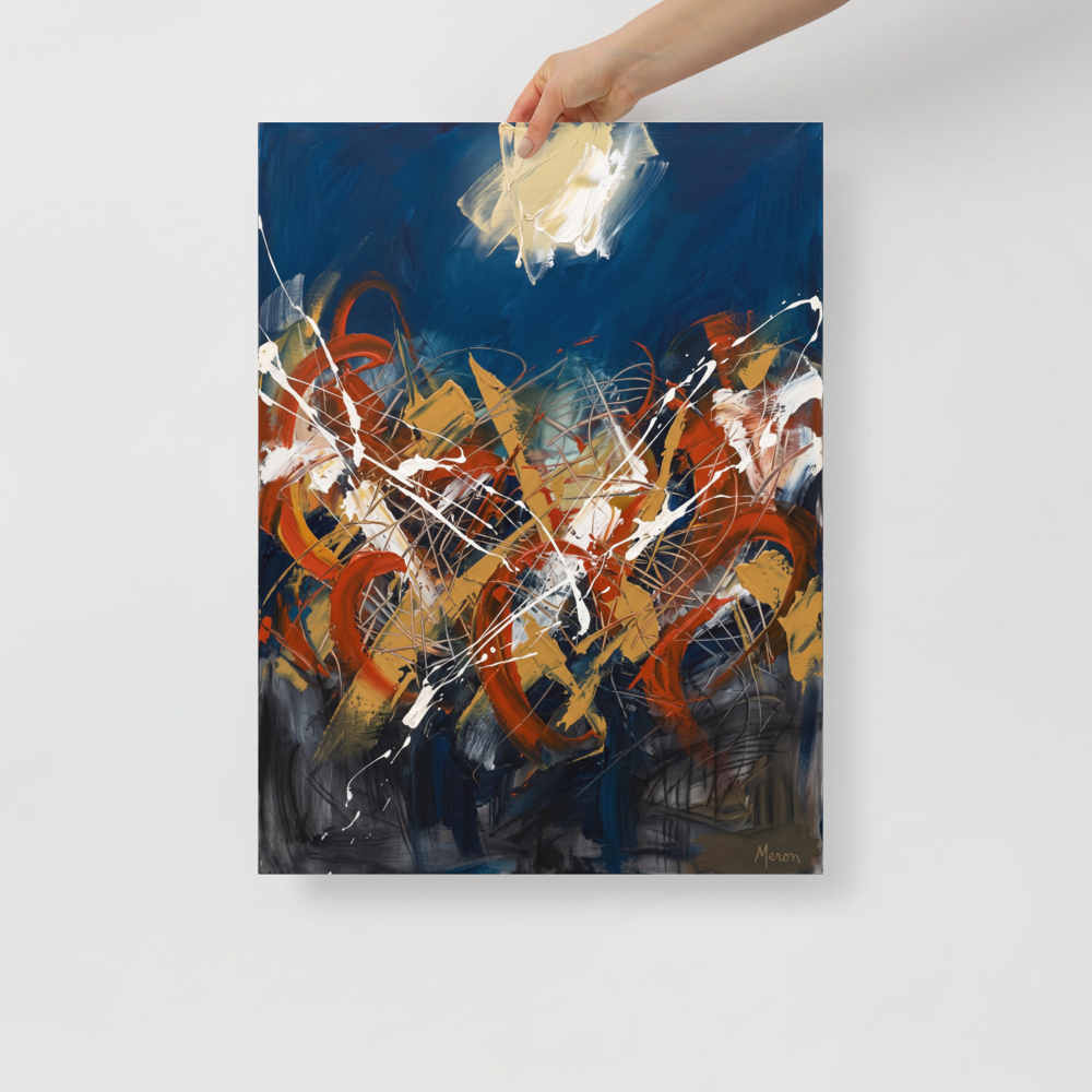 A striking abstract expressionist painting featuring midnight blue skies and violent orange and white paint splashes, suited for a living room. A Abstract art print with a action painting look, titled 'Midnight Tempest'.