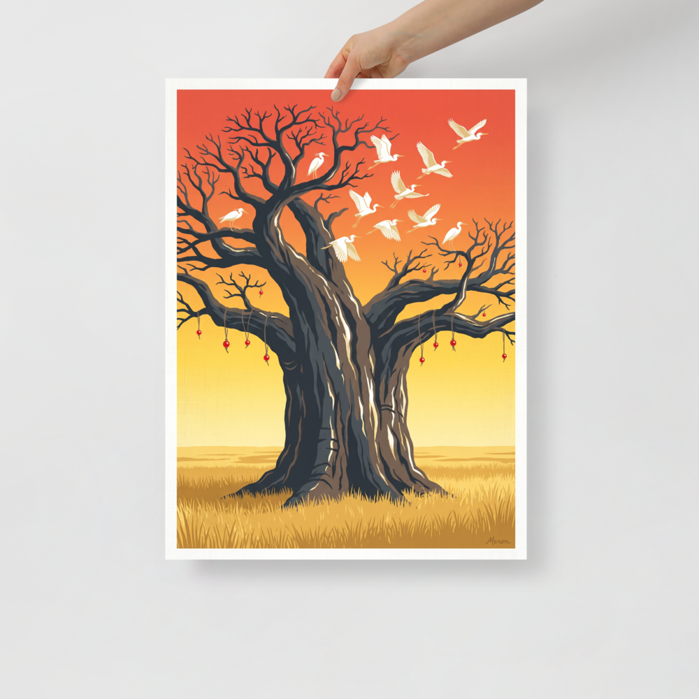 A grand ancient tree with white egrets taking flight under an orange sunset sky, ideal for a living room. A Symbolism art print titled 'The Sacred Roost'.