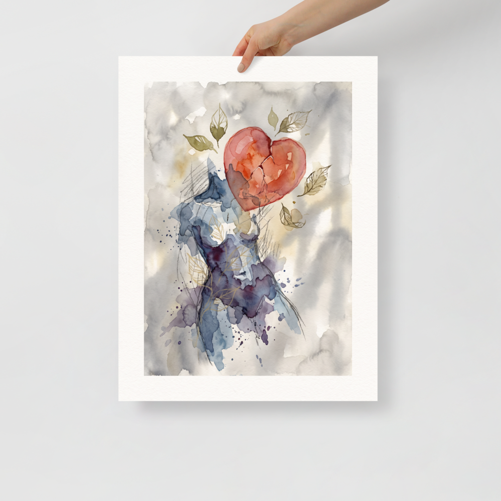 'Fractured Bloom'. An emotional watercolor painting showing an abstract female silhouette in blue washes with a floating fractured red heart surrounded by delicate leaves, perfect for a bedroom. Offered as a Symbolism print.