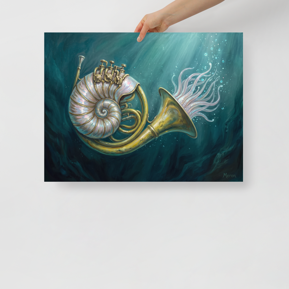 A mystical / mysterious Surrealism print, 'Nautilus in Brass'. A mystical surrealist painting of a nautilus shell merged with a brass French horn underwater, perfect for a modern bathroom.