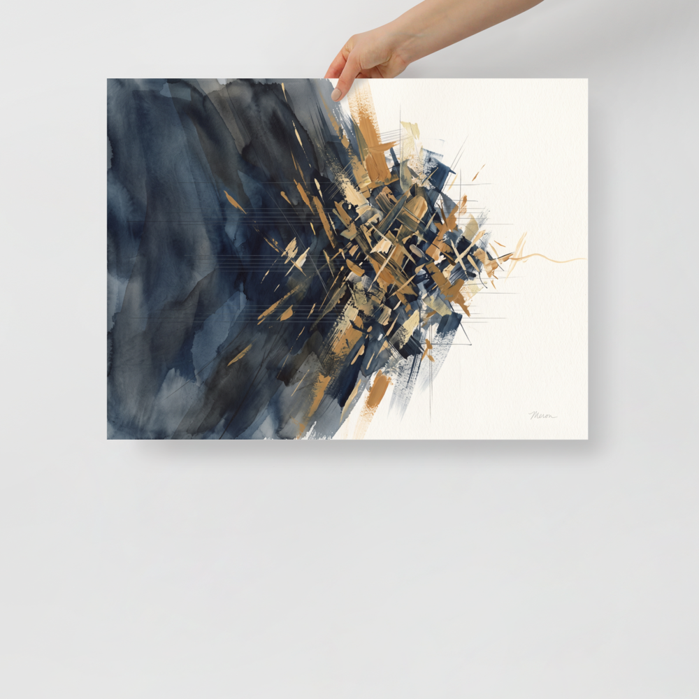 'Mineral Rift', Abstract art wall art in navy and dark golden rod. A moody abstract watercolor painting of deep indigo washes and a fractured golden mineral burst, suited for a living room.