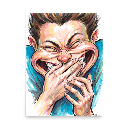 Wall art print 'Burst of Laughter' in a Pop art style. An expressive caricature illustration of a young man laughing heartily, perfect as game room wall art.