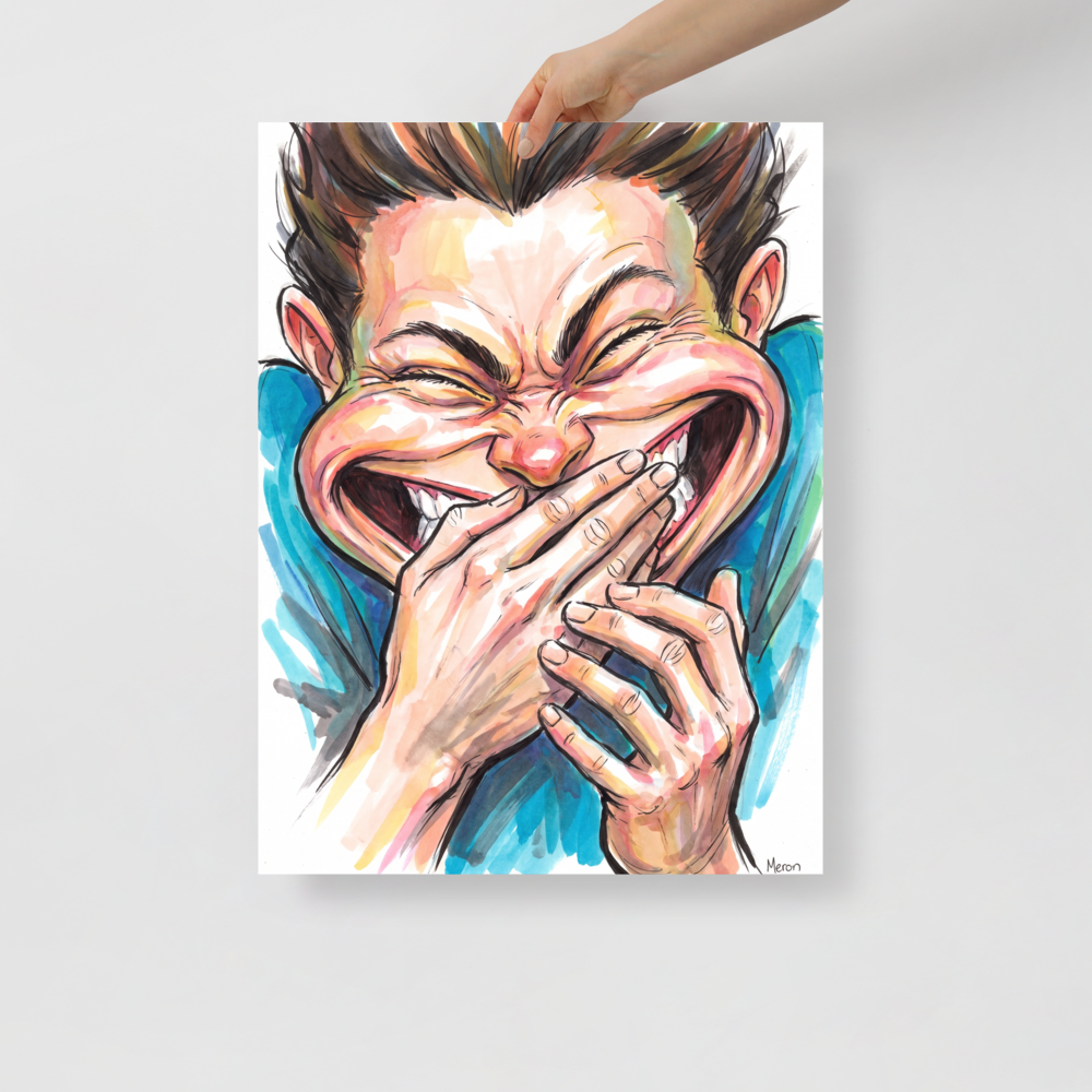 A amusement / humorous Pop art print, 'Burst of Laughter'. An expressive caricature illustration of a young man laughing heartily, perfect as game room wall art.