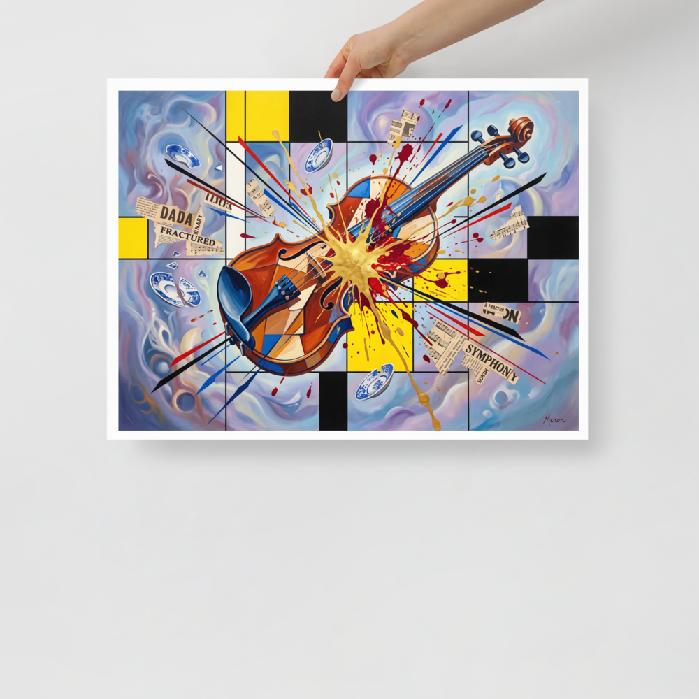 Fine art print 'Fractured Symphony' in a Dada style. Dadaist collage artwork featuring an exploding violin with gold paint splatter over grid lines, perfect for a modern living room wall.