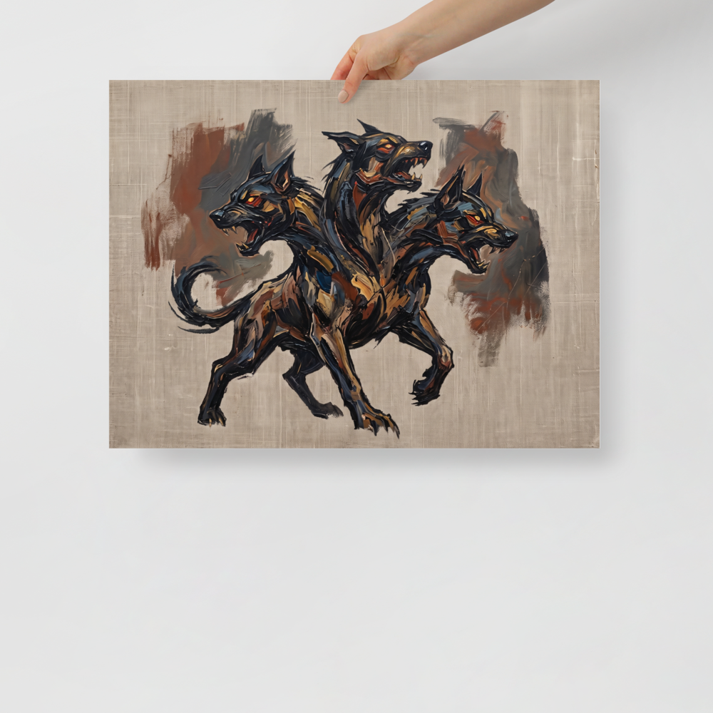 Expressionism wall art exploring mythology, 'Guardian of the Underworld'. A textured oil painting of Cerberus, the three-headed dog with glowing eyes, an imposing piece for a Game Room or Man Cave.