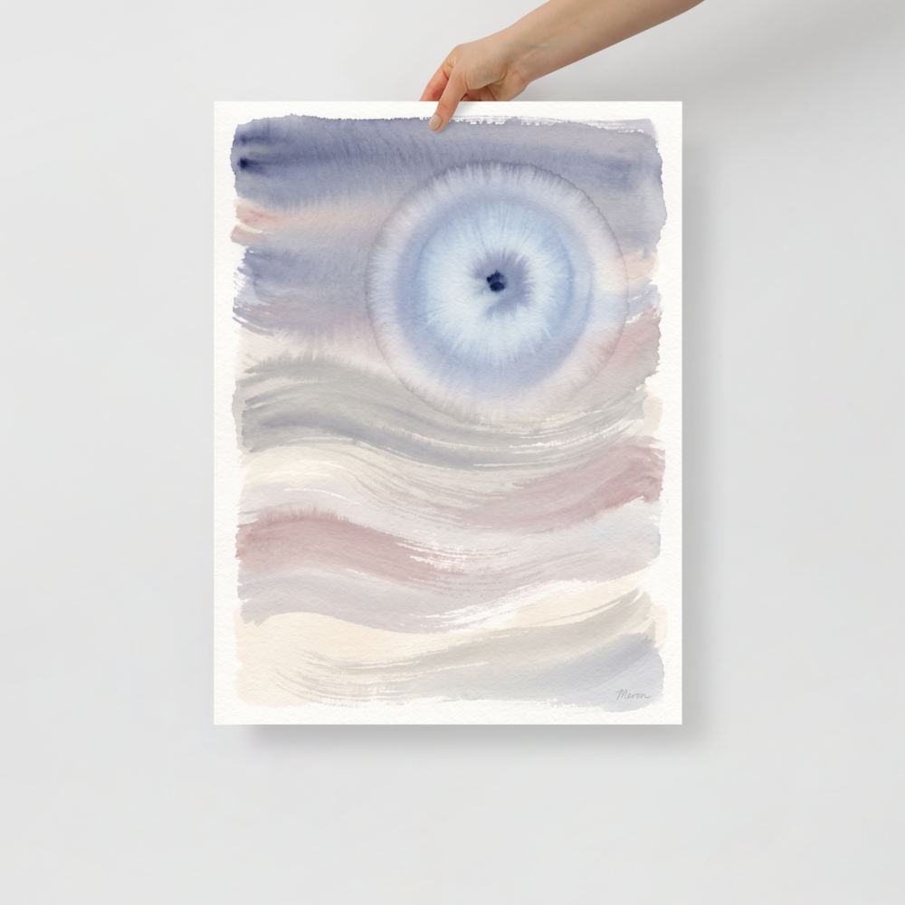 A diffuse periwinkle watercolor halo bloom above soft slate blue and dusty rose horizon washes in a bedroom wall art setting. 'Periwinkle Halo', a Abstract art print for the wall.