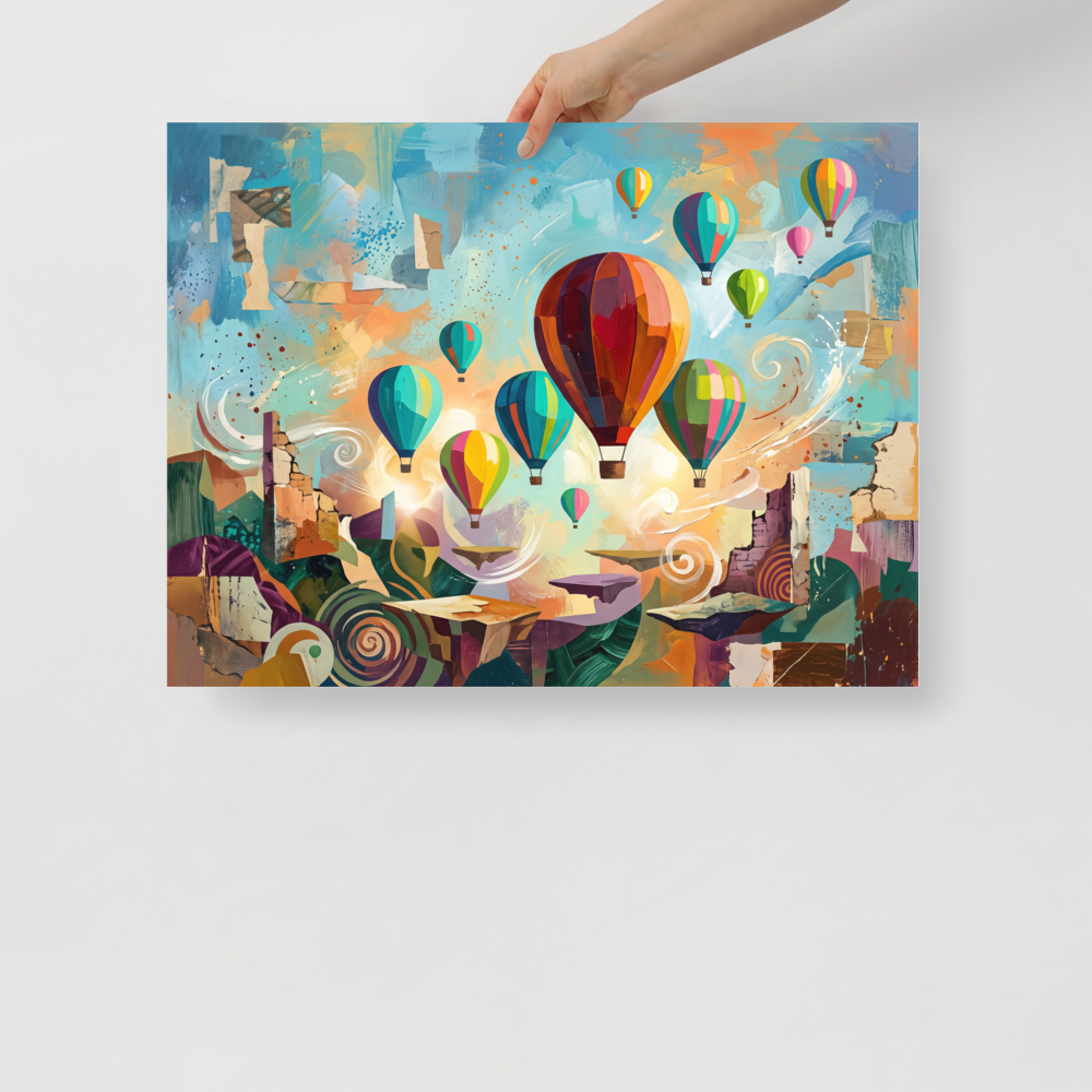Dau-al-Set wall art, 'Skyward Reverie'. Vibrant hot air balloons drift over abstract cliffs in this colorful surrealist artwork that adds wonder to any living room.