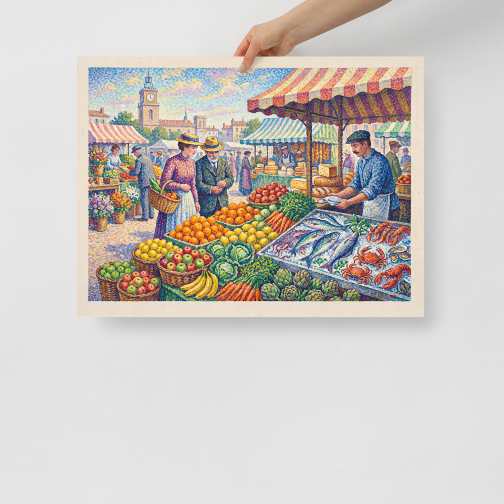 Pointillism wall art for the kitchen, 'Morning at the Town Market'. A Pointillist painting of a lively open-air market with fresh produce and seafood in a Kitchen decor setting.