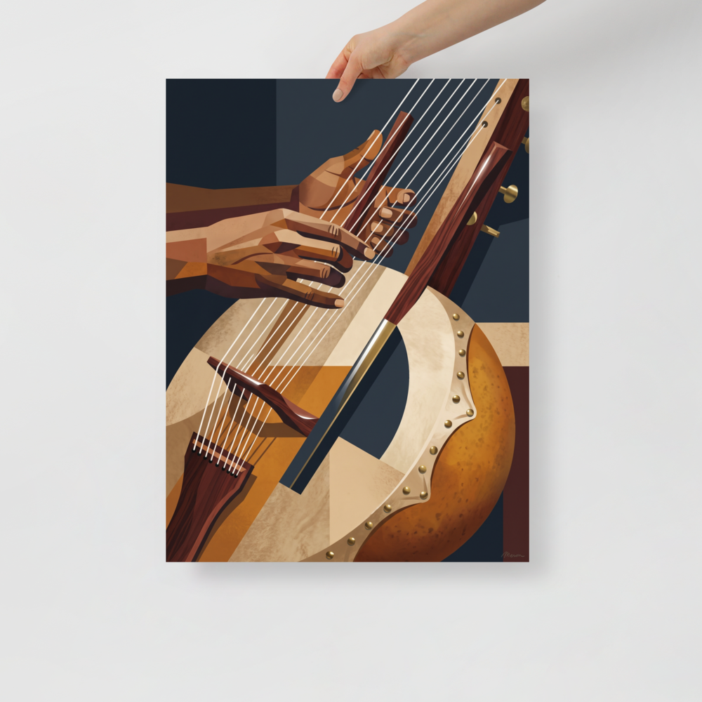 Cubism wall art for the living room, 'Faceted Kora Melodies'. Cubist inspired illustration of hands playing a traditional kora harp lute with geometric planes, perfect for an office.