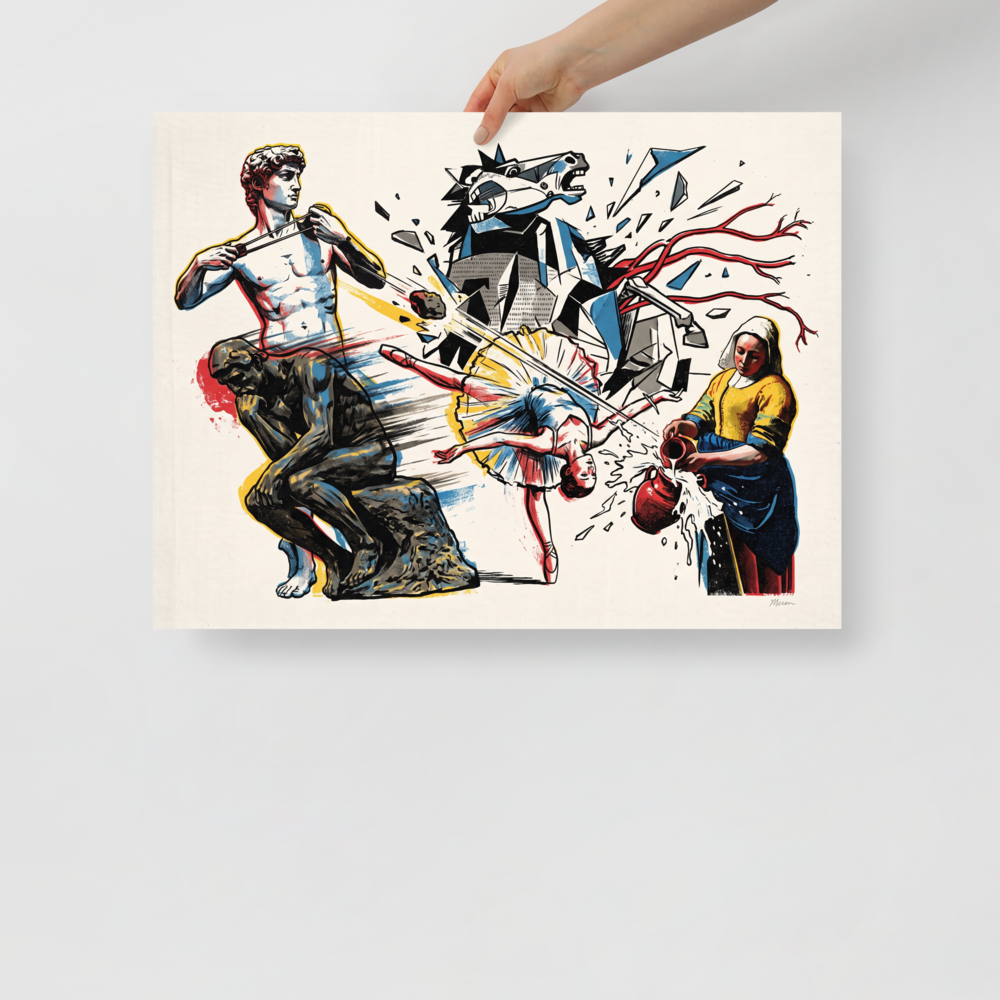A dynamic pop art illustration featuring Michelangelo's David firing a slingshot alongside Rodin's Thinker and Vermeer's Milkmaid, ideal for a modern living room. 'Masterpiece Action', a Pop art print for the wall.