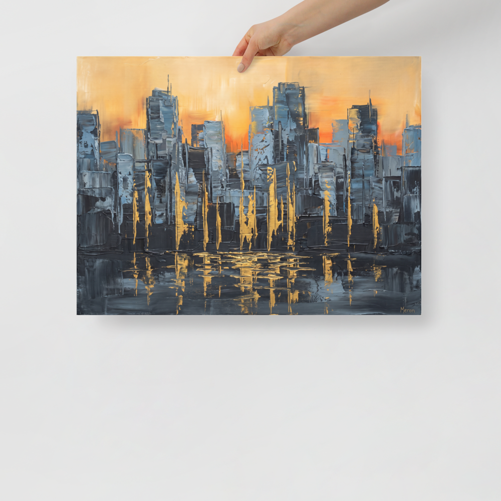 Wall art print 'Golden Hour Cityscape' in a Abstract art style. Abstract city skyline oil painting with golden reflections displayed above a office desk.