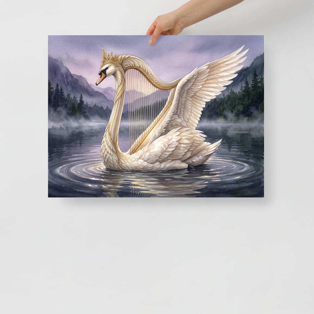 Romanticism wall art, 'The Swan's Serenade'. An elegant watercolor painting of a crowned swan with harp strings drifting across a misty lake, perfect for a peaceful bedroom.