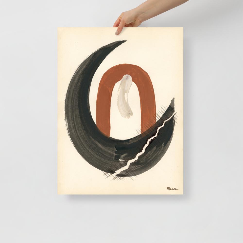 'Earthen Crescent', part of Meron's Minimalism wall art. A minimalist abstract print of a terracotta arch enclosed by a black ink crescent, displayed in a calming meditation room.