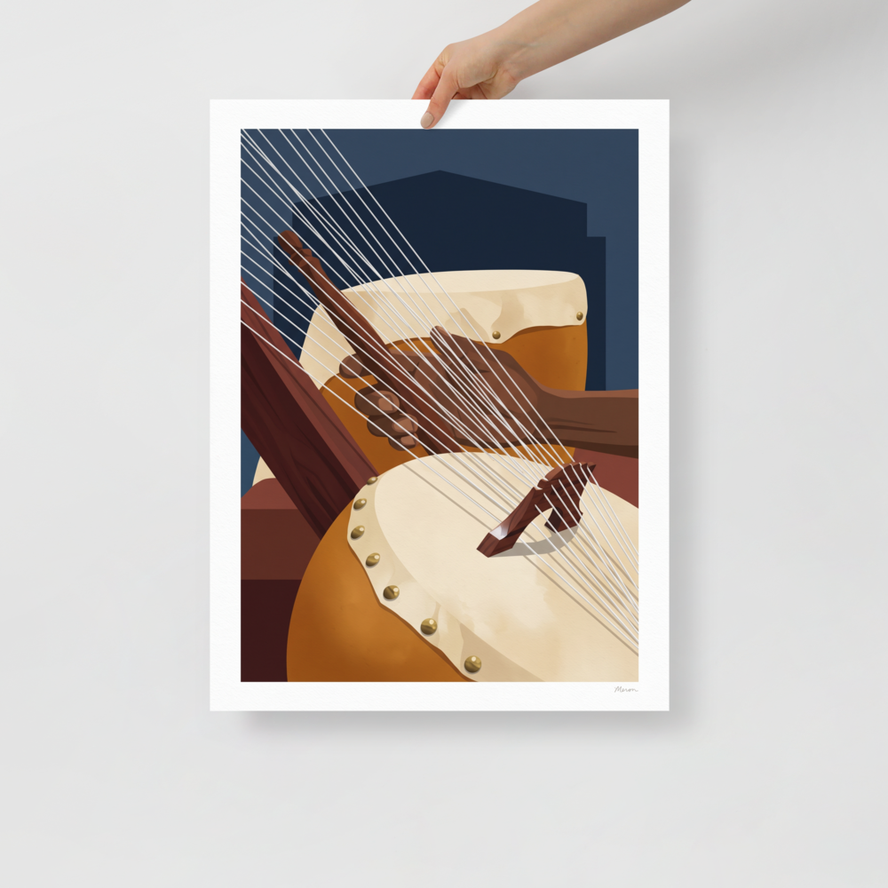 Close-up illustration of hands plucking a kora harp lute with a drum in the background, ideal for a studio. Available as the Modernism art print 'Strings of the Kora'.