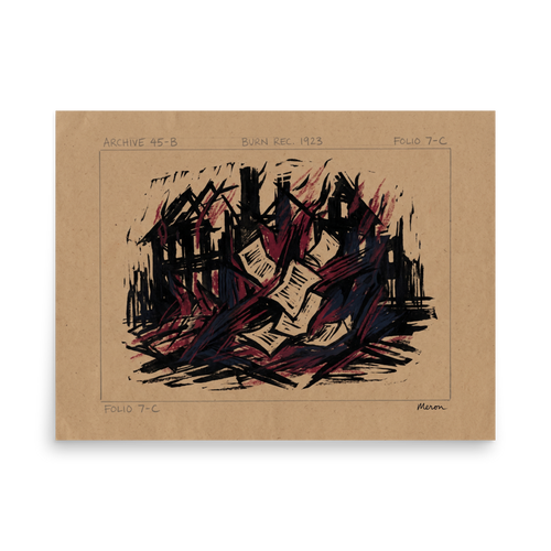An expressionist woodcut print of burning papers and structures in an office wall art print. 'Burn Record 1923', a Expressionism print for the wall.