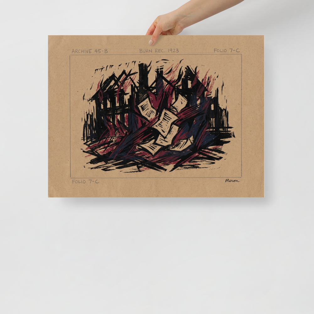 A striking scene in black and crimson, 'Burn Record 1923'. An expressionist woodcut print of burning papers and structures in an office wall art print.