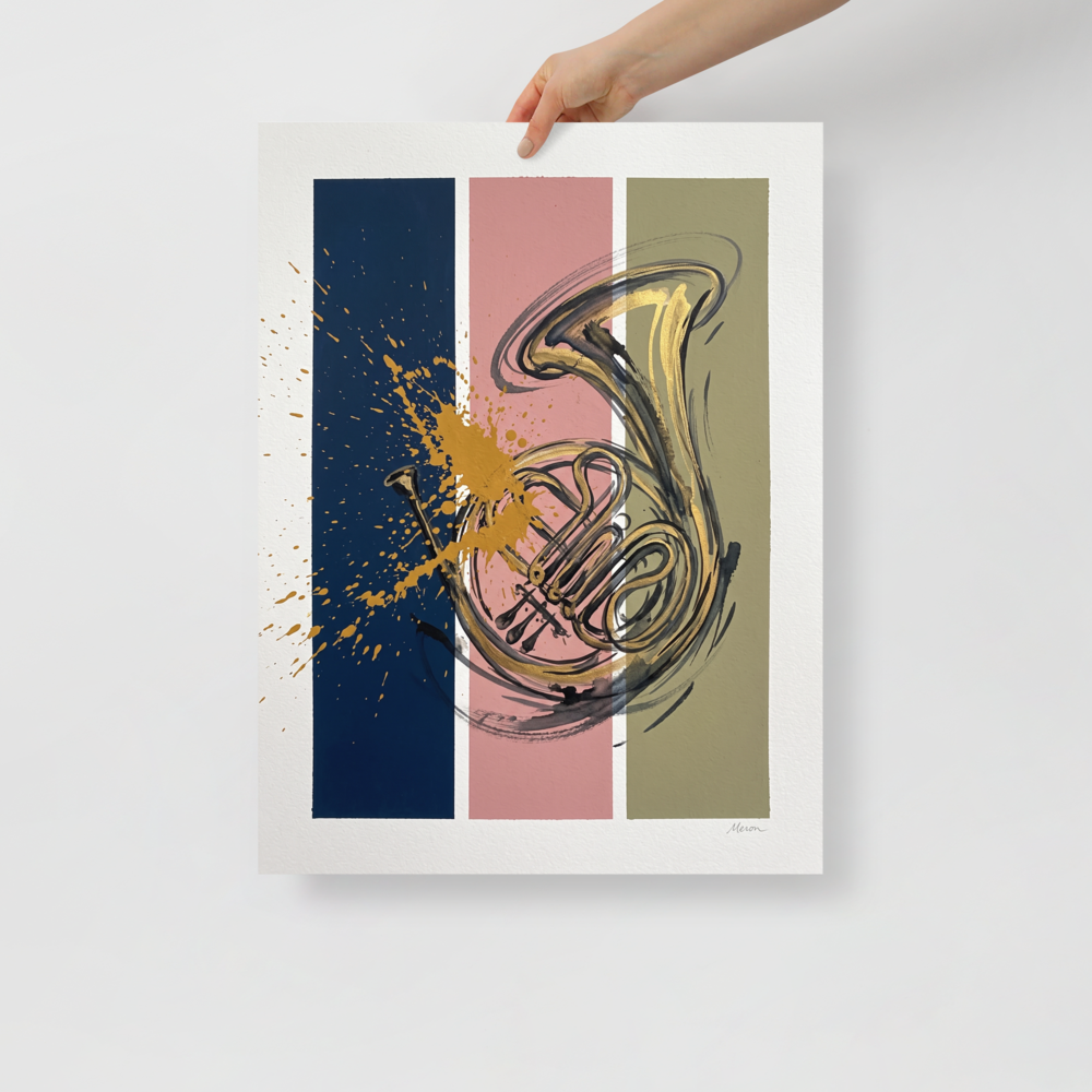 The Abstract art print 'Resonance in Brass'. Golden French horn drawing layered over navy, pink, and olive vertical color blocks with expressive paint splatters, perfect for a studio wall.
