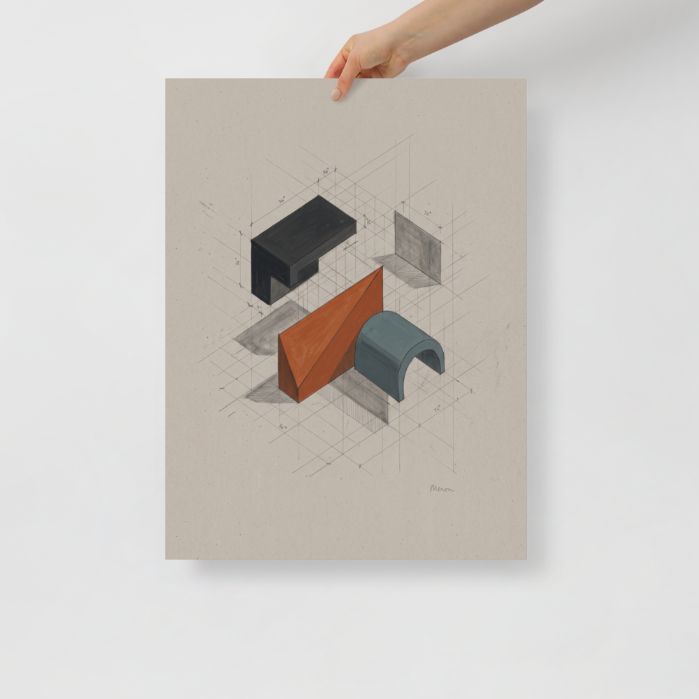 'Axonometric Study', a Constructivism wall art print. An elegant architectural axonometric drawing featuring 3D geometric forms and cast shadows on a grid, suited for an office.