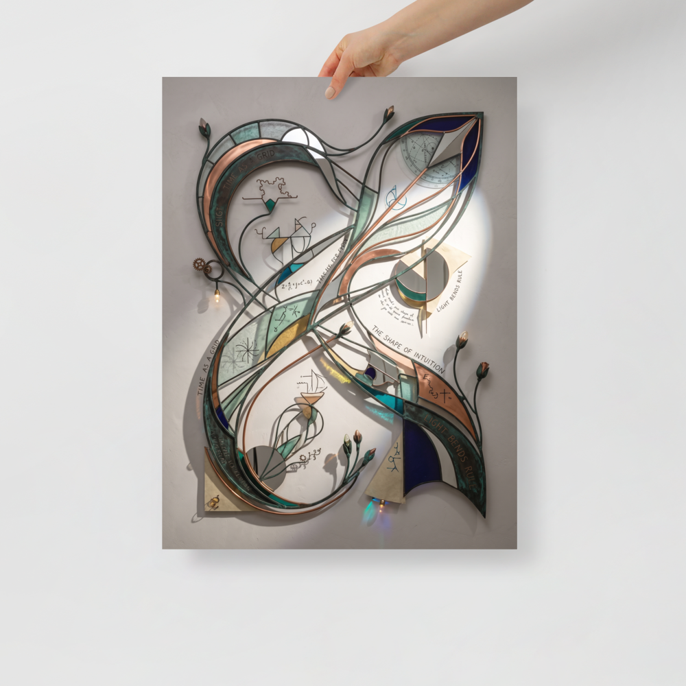 A sculptural wall art relief of stained glass and patinated metal ribbons etched with scientific equations and light diagrams, creating a striking focal point for a modern office or living room. Available as the Lyco art art print 'The Shape of Intuition'.