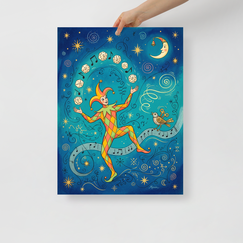 'The Jester's Gamble'. A dreamy celestial painting of a jester juggling dice along musical notes under a crescent moon, ideal for a game room. Offered as a Symbolism print.
