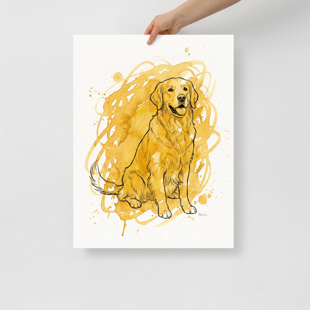 Realism wall art for the living room, 'Golden Companion'. A warm watercolor and ink portrait of a golden retriever dog sitting happily, ideal for living room wall art.