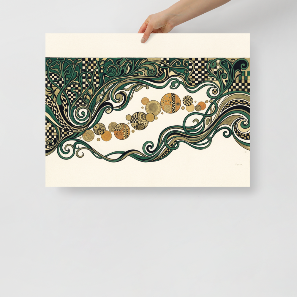 Art Nouveau wall art for the living room, 'The Golden Frieze'. An elegant Art Nouveau decorative frieze with flowing green vines and golden mosaic orbs, designed for a living room.