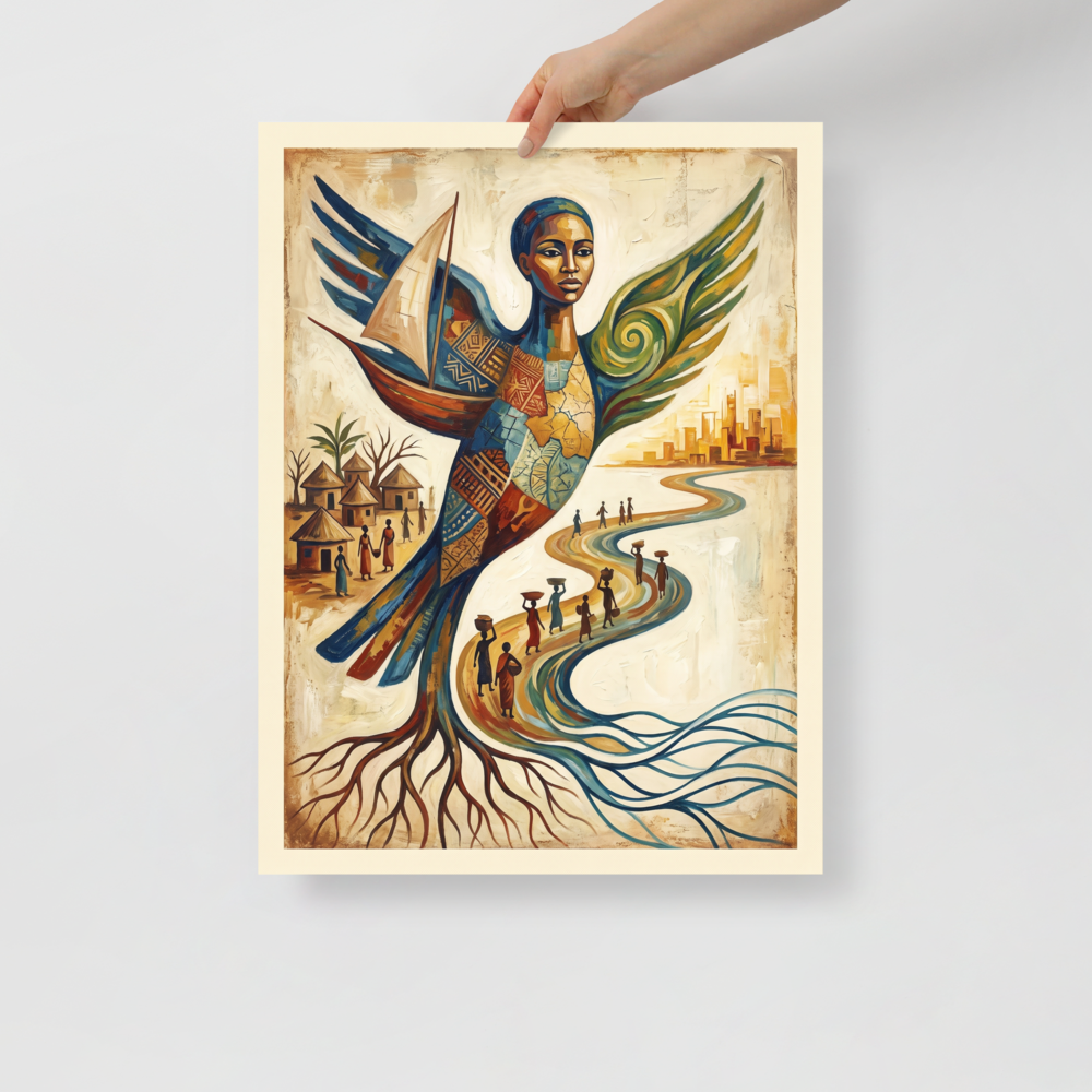 'Wings of Heritage'. A surreal painting of a majestic winged figure with traditional African patterns bridging ancestral village roots and a modern skyline, inspiring cultural pride in a living room or library. Offered as a Surrealism print.