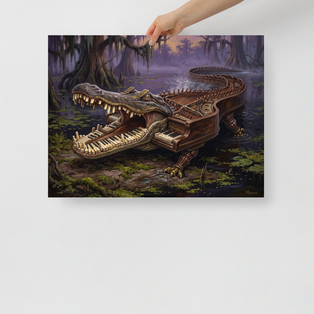 A surrealist oil painting of an alligator merged with a grand piano wading through a foggy swamp, ideal for an office. A Surrealism print in saddle brown and dark olive green, 'The Bayou Pianoforte'.