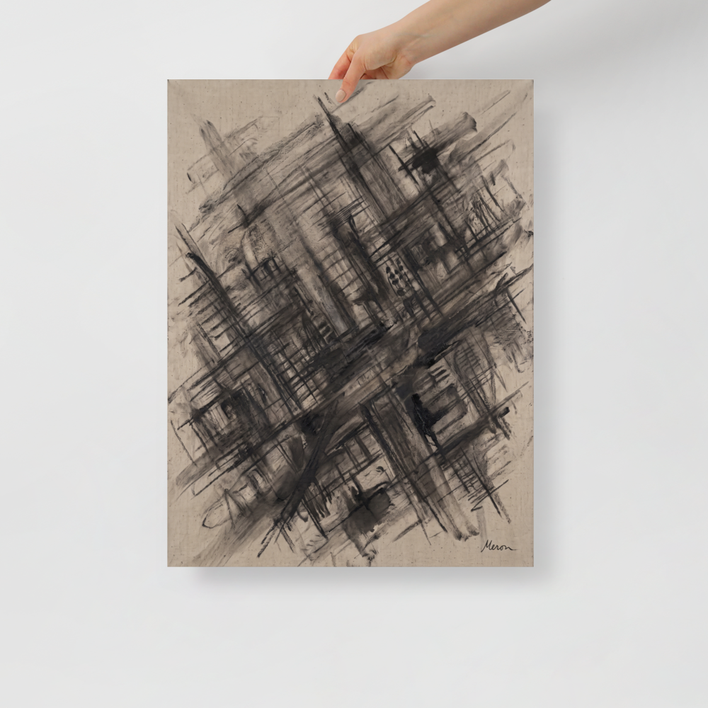 Raw abstract expressionist oil painting with dark crosshatched grid lines on raw linen canvas, ideal for office wall art. 'Scaffolding of Memory', a Abstract expressionism print for the wall.