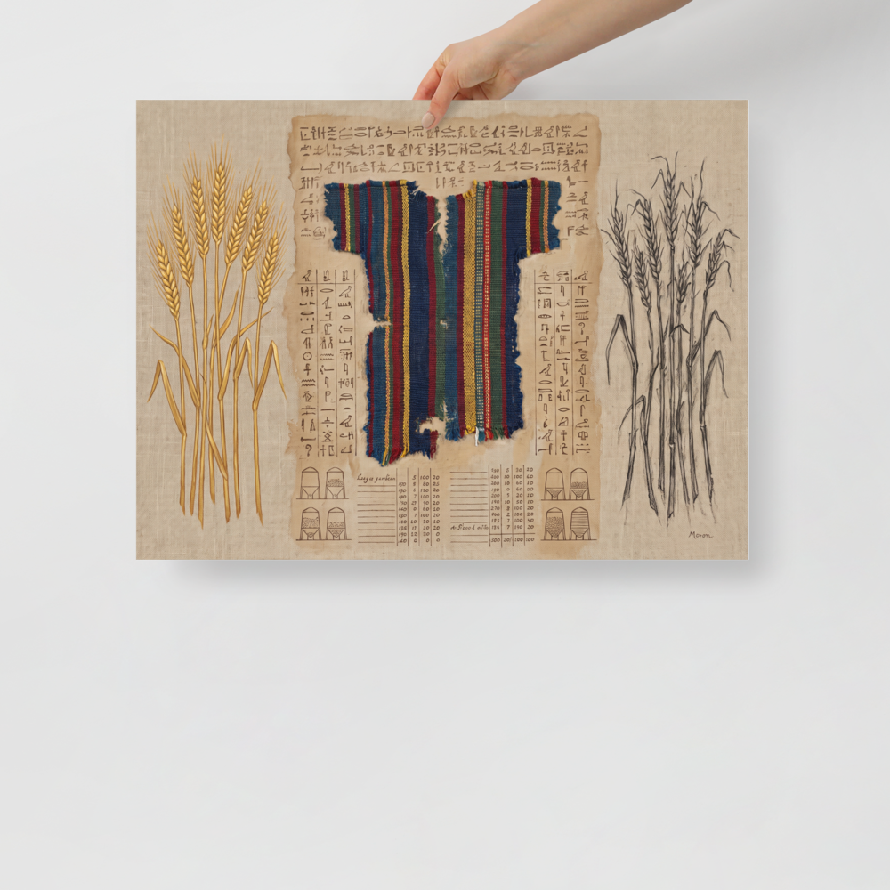 'The Weaver's Ledger'. An antique mixed media art print featuring a striped woven tunic fragment, golden wheat stalks, and ancient papyrus scripts, ideal for a refined library. Offered as a Folk art print.
