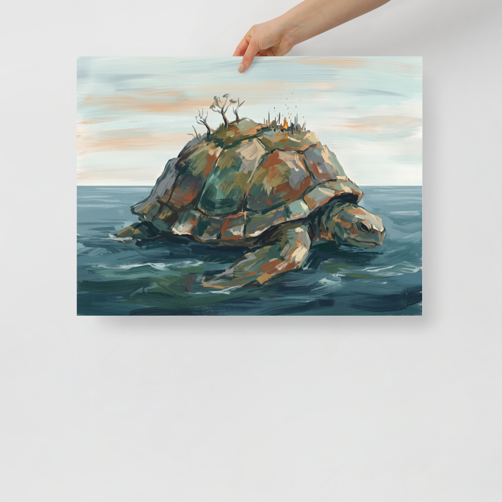 The Impressionism print 'The World Bearer'. A painting of a giant sea turtle carrying a rocky island on its shell, floating in a calm ocean under a pale sky, ideal for a peaceful Bedroom.