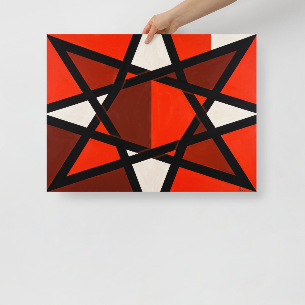 'Prismatic Intersect', Constructivism wall art in red and black. A bold geometric abstract painting featuring interlocking black bands and vibrant red and white faceted triangles, ideal for an office.