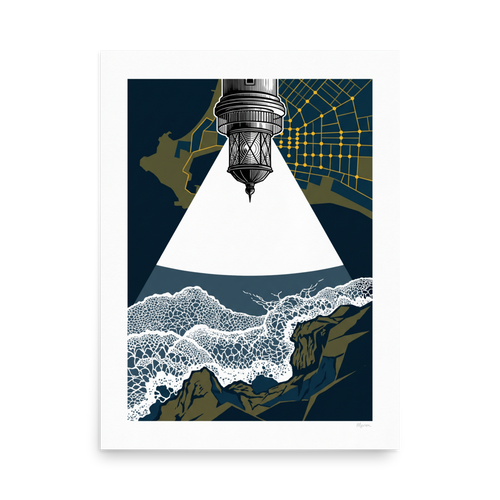 Surreal illustration of a lighthouse lantern projecting a white beam over crashing waves beneath a golden city map, ideal for an office. Shown here as the Surrealism print 'Beacon Over the Breakers'.