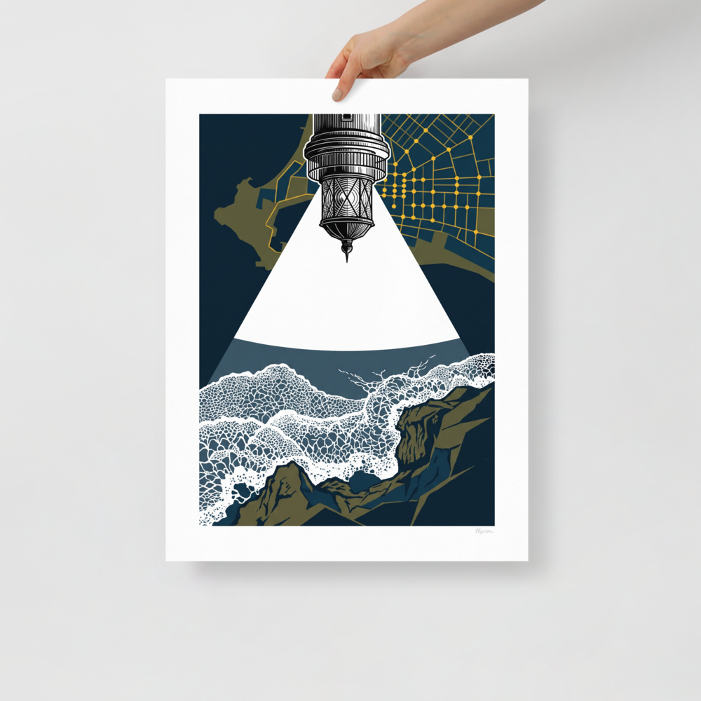 'Beacon Over the Breakers'. Surreal illustration of a lighthouse lantern projecting a white beam over crashing waves beneath a golden city map, ideal for an office. Offered as a Surrealism print.