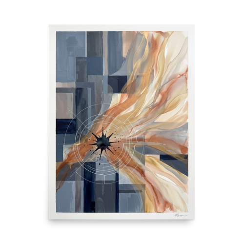 Modern abstract geometric art print combining slate blue architectural blocks with sweeping gold and terracotta ink washes for an office or hallway wall display. A elegant piece titled 'Celestial Nexus'.