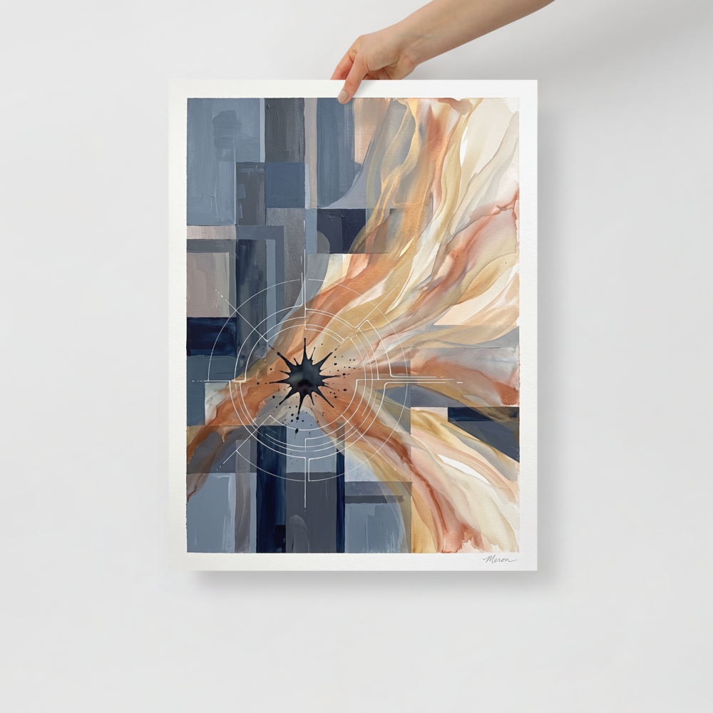 'Celestial Nexus', part of Meron's Geometric abstract art wall art. Modern abstract geometric art print combining slate blue architectural blocks with sweeping gold and terracotta ink washes for an office or hallway wall display.