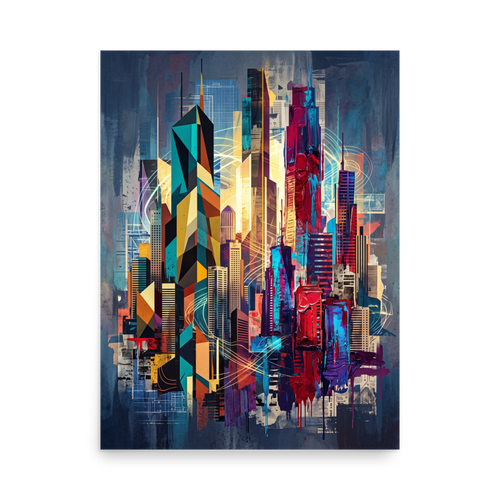 A mixed-media geometric painting of towering skyscrapers with thick crimson and blue impasto paint drips and glowing light trails, perfect for an Office or Studio. Available as the Cubism art print 'Architectural Rhythm'.