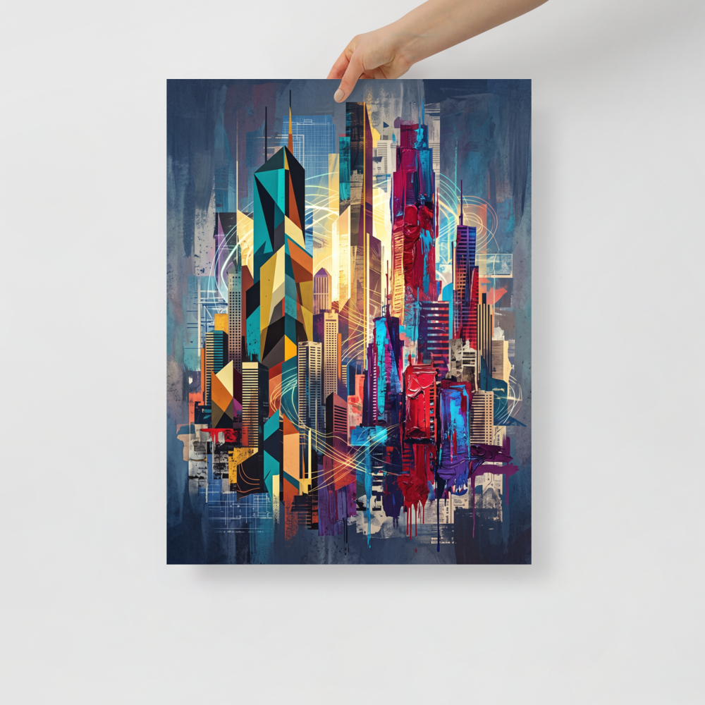 A mixed-media geometric painting of towering skyscrapers with thick crimson and blue impasto paint drips and glowing light trails, perfect for an Office or Studio. A Cubism print in teal and crimson, 'Architectural Rhythm'.