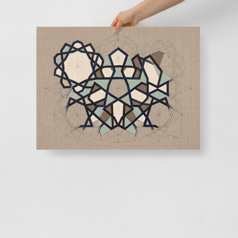 A intricate / ornate scene in midnight blue and dark sea green, 'Geometer's Study'. Architectural study of geometric star patterns with visible compass drafting lines on linen, suited for an office.