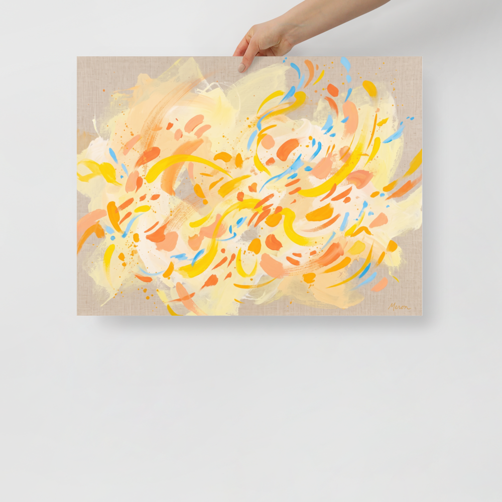 'Citrus Flutter', Abstract art wall art in yellow and orange. A vibrant abstract expressionist composition with fluttering yellow, orange, and blue brushstrokes on linen, ideal for a living room.
