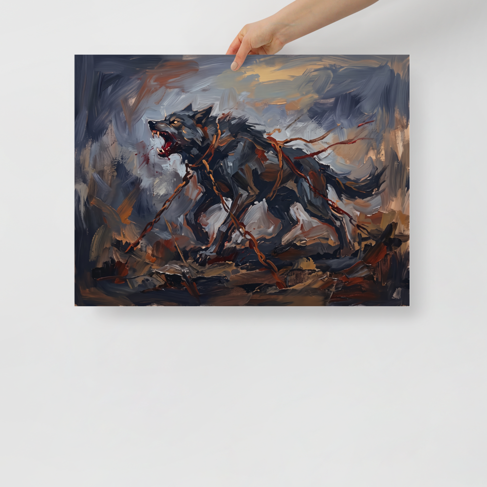 An aggressive oil painting of a snarling wolf bound by chains in dark greys and reds, ideal for a bold Man Cave. A Expressionism print with a impasto look, titled 'The Bound Wolf'.