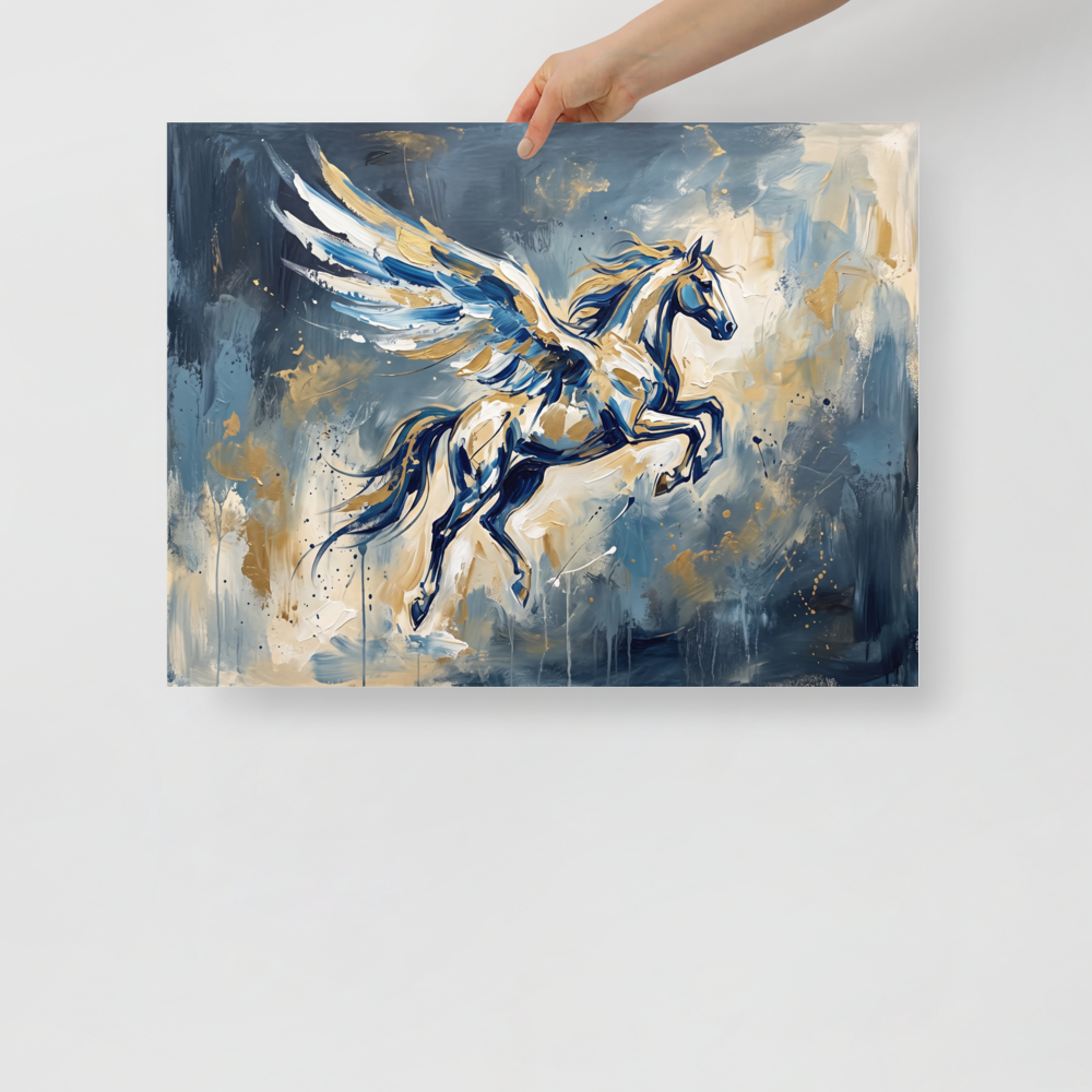 'Flight of Pegasus'. An expressive impasto painting of Pegasus soaring through blue and gold storm clouds in a living room. Offered as a Expressionism print.