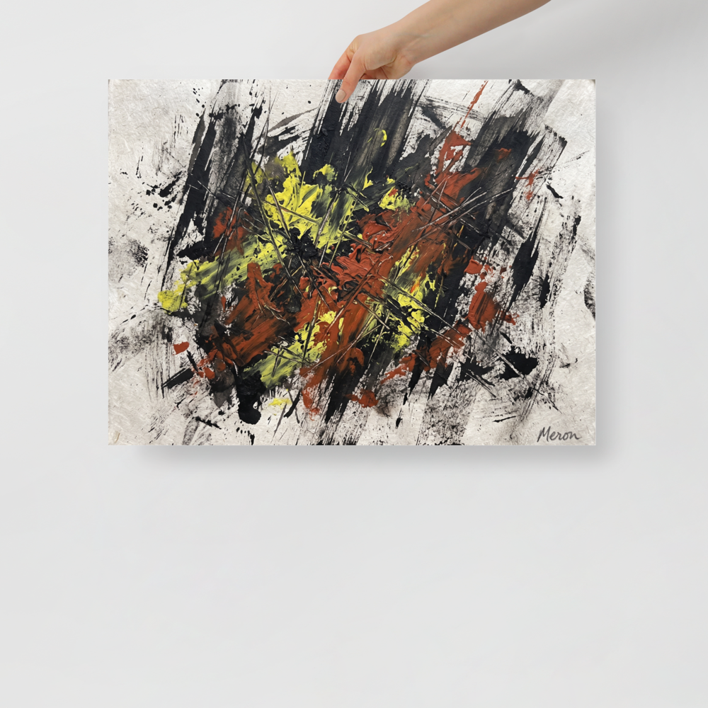 A dramatic abstract action painting with aggressive black, sienna, and yellow palette knife strokes, made for a modern office. A Abstract art print with a impasto look, titled 'Fractured Ignition'.